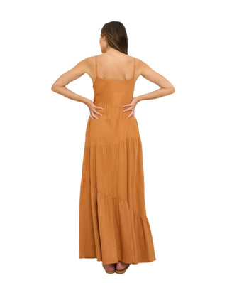 Back view of rust flowy dress with adjustable straps.