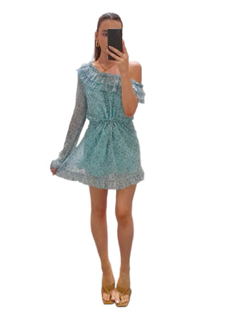 Off the shoulder ruffle dress with one sleeve and floral print.
