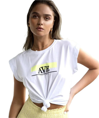 White t shirt with AVE logo tied at waist