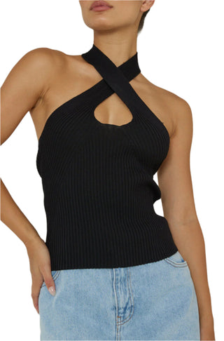 Womens ribbed knit halter neck top styled with denim.