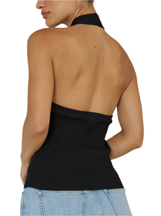 Back view of ribbed knit black halter top.
