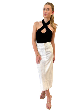 Cross over halter neck black ribbed knit top with cut out.
