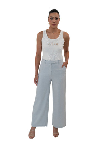Grey high waisted pant with wide legs.