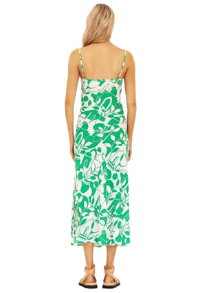 Back view of linen green and white printed midi dress with singlet straps.
