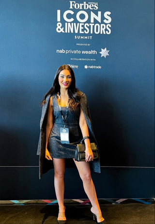 Amplified Beauty CEO Shahna Smith wearing our Ella Mini Dress & Elias Coat to Forbes Australia