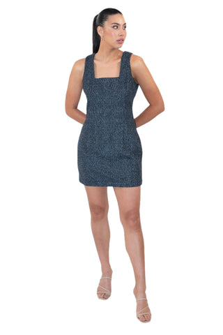 Figgure hugging a-line mini dress with thick straps.