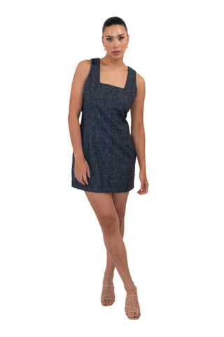 Navy tweed mini dress with square neckline.
