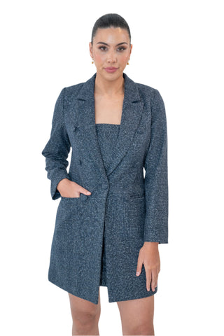Beautiful navy tweed mid length coat, single breasted with button details.