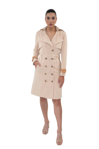 Cream womens trench coat with contrasting cuff detail and tie waist.
