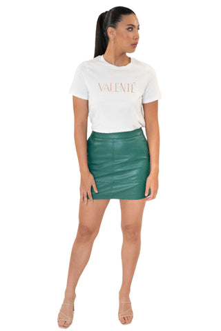 Green vegan leather mini skirt with side pockets.