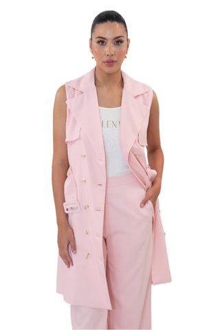 Long line pink vest with matching high wasited pants.
