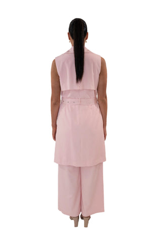 Back view of tencel soft pink trench style vest with matching pants.