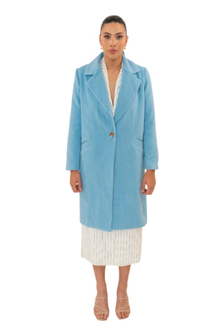 Blue wool blend single breasted coat with side pockets.