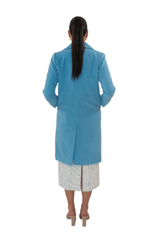 Back view of blue wool blend coat