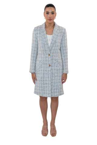 Womens tweed blue and white jacket with front pockets.