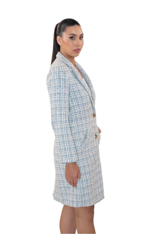 Side view of womens tweed long line jacket.