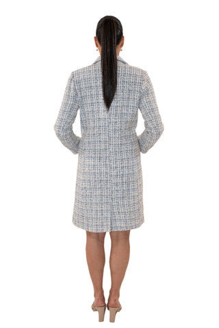 Back view of tweed blue and white jacket.