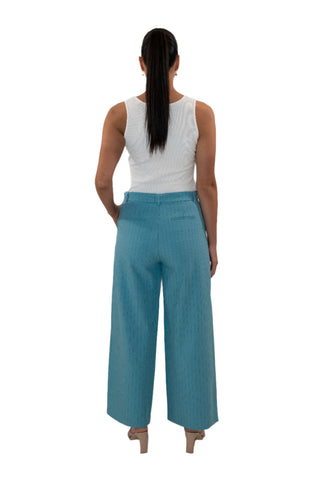Back view of pinstripe blue womens pants with back and side pockets.