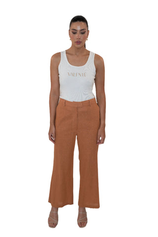 Brown linen high waisted, wide leg pants.