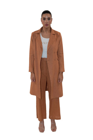 Caramel linen long line jacket with matching pant.