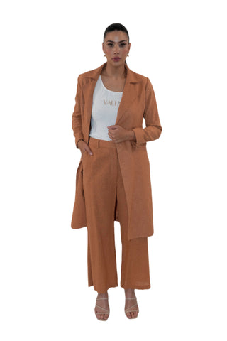 Chic brown, linen pant suit styled with logo tee and heel.