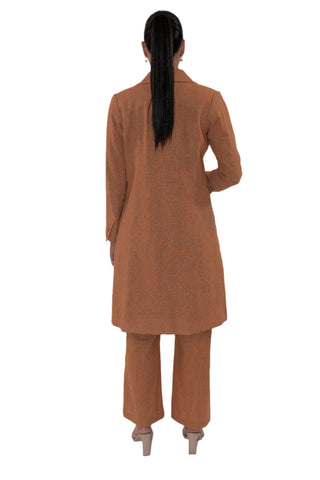 Back view of brown long line linen jacket
