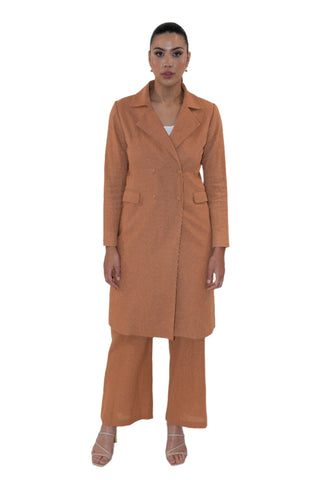 Double breasted brown long line jacket with matching pant.