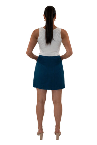 Back view of deep blue mini skirt with high waist and a-line style.