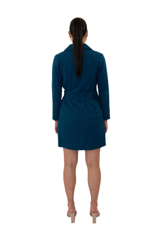Back view of double breasted blazer with mini skirt