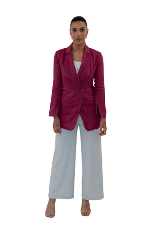 Linen double breasted fuchsia blazer with split sleeves.