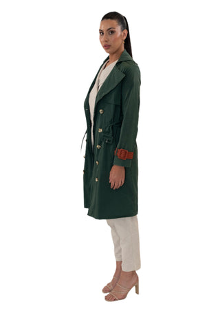 Side view of khaki green trench coat with contrast cuff detail.