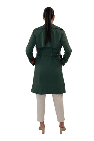 Back view of womens trench coat with pockets and belt.