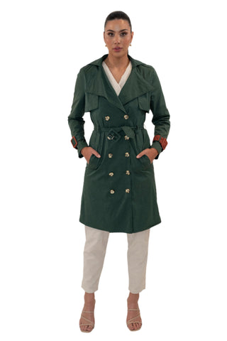 Womens khaki trench coat, double breasted with contrasting cuffs.