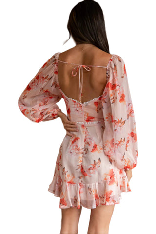 Back view of womens floral print mini dress with puff long sheer sleeves and tie back.