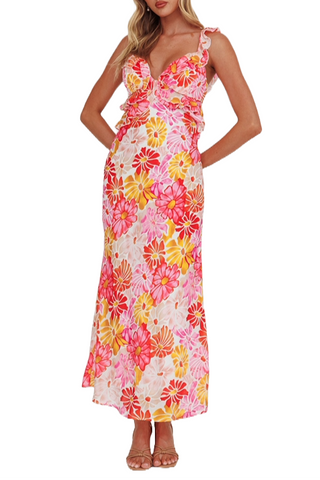 Tall model wearing the printed maxi dress styled with nude strappy heels.