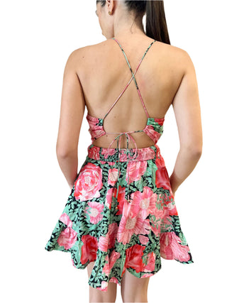 Back view of printed mini dress with open back and tie up.