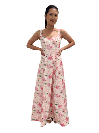 Front view of beautiful pink and green floral maxi dress with bra friendly straps.