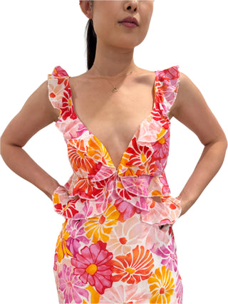 Close up of the gorgeous detail in the printed floral dress with ruffles.