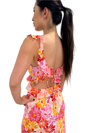 Side and back view of bright floral print dress with ruffles and lace up back.