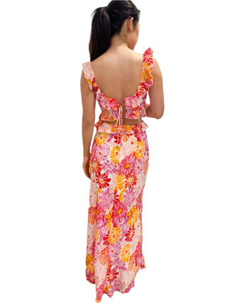 Back view of beautiful floral printed dress with ruffle detail on straps and back, tie up back, cut out waist and back.