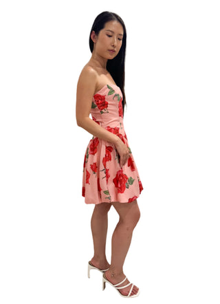 Side view of pink dress with roses and puff skirt.
