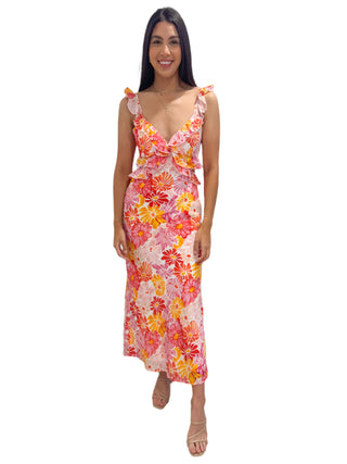 Stunning floral printed midi dress with ruffles