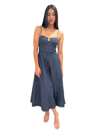 Singlet strap, fitted bodice denim dress with full skirt.