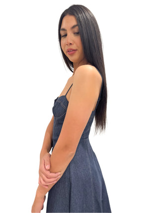 Side view of singlet strap dark denim midi dress