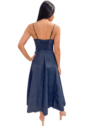 Back view of denim midi dress with stretch back panel and full skirt