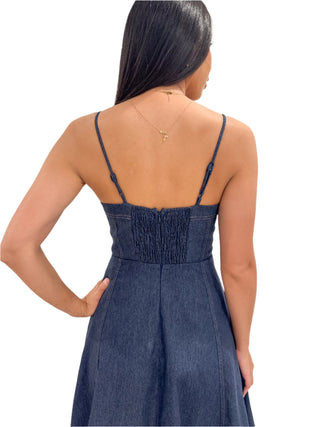 Adjustable strap dark denim midi dress