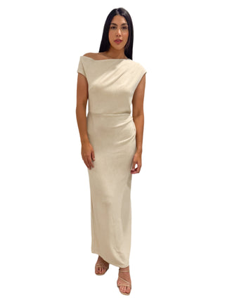 Cream off shoulder fitted maxi dress with ruched waist and soft knit fabric.