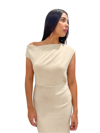 Close up view of front one shoulder dress with side ruching.