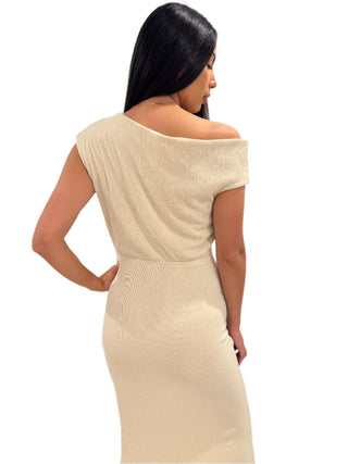 Back view of cream off the shoulder maxi dress