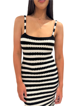 Close up of stripe knit maxi dress, fitted and versatile style